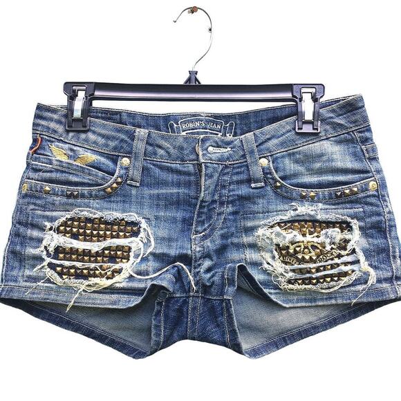 Robin's Jean Pants - Robin’s Jean Women Size 27 Gold Stud Embroidered Distress Denim Shorts